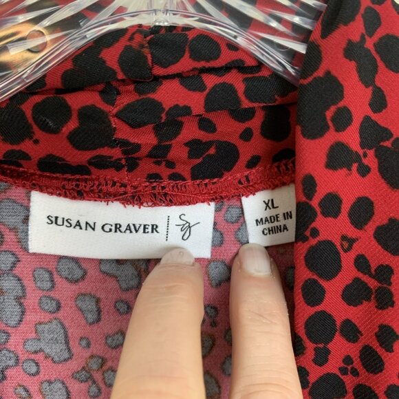 Susan Graver Womens XL Liquid Knit Blouse Animal Print Faux Wrap 3/4 Sleeve Red - Picture 2 of 11